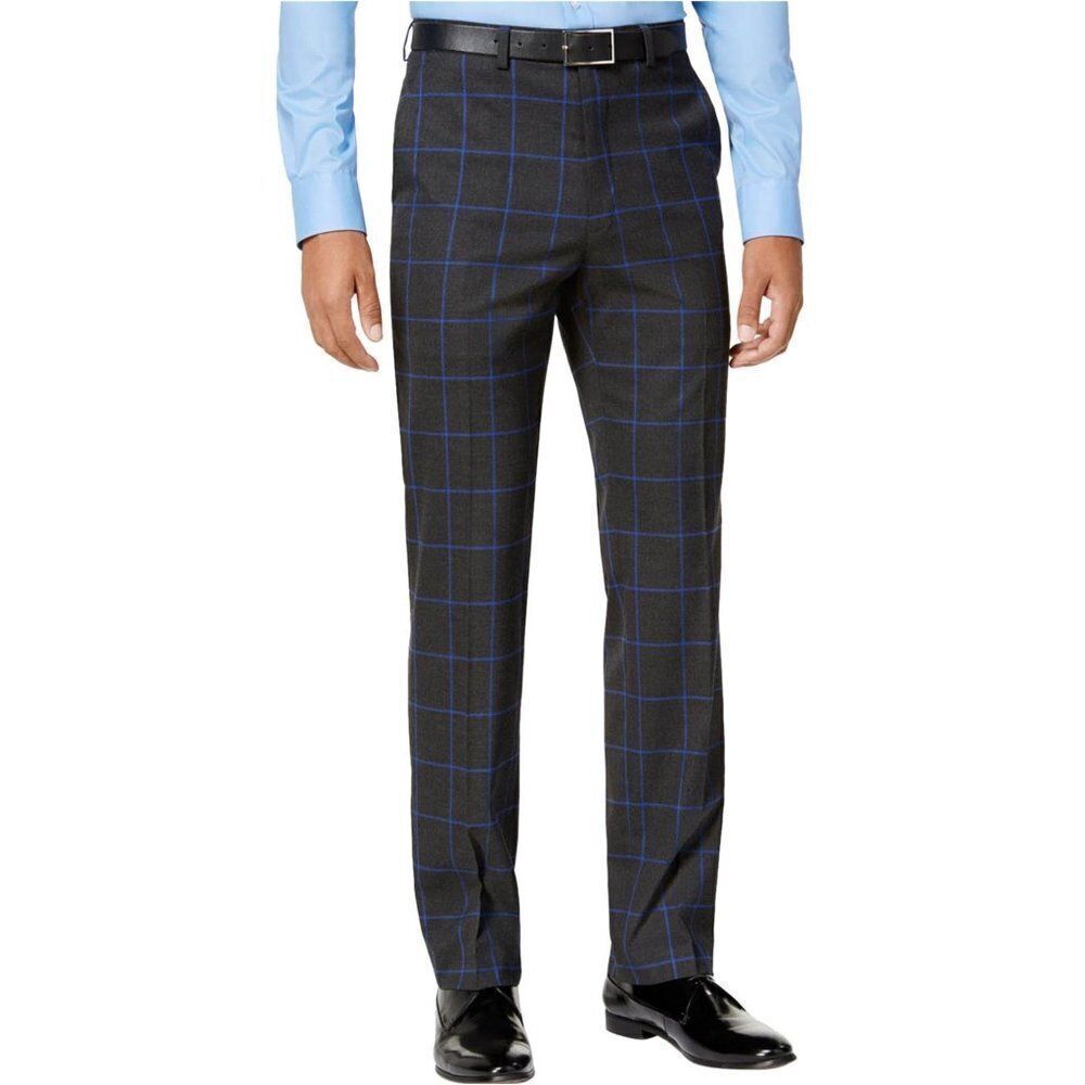 NWT Mens Slim Fit Charcoal Gray Blue Windowpane Dress Pants 30x32